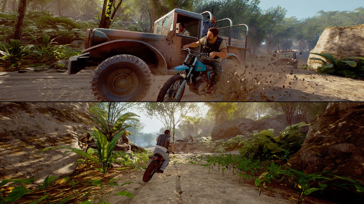 The two protagonists escape together through a split-screen outdoor sequence.