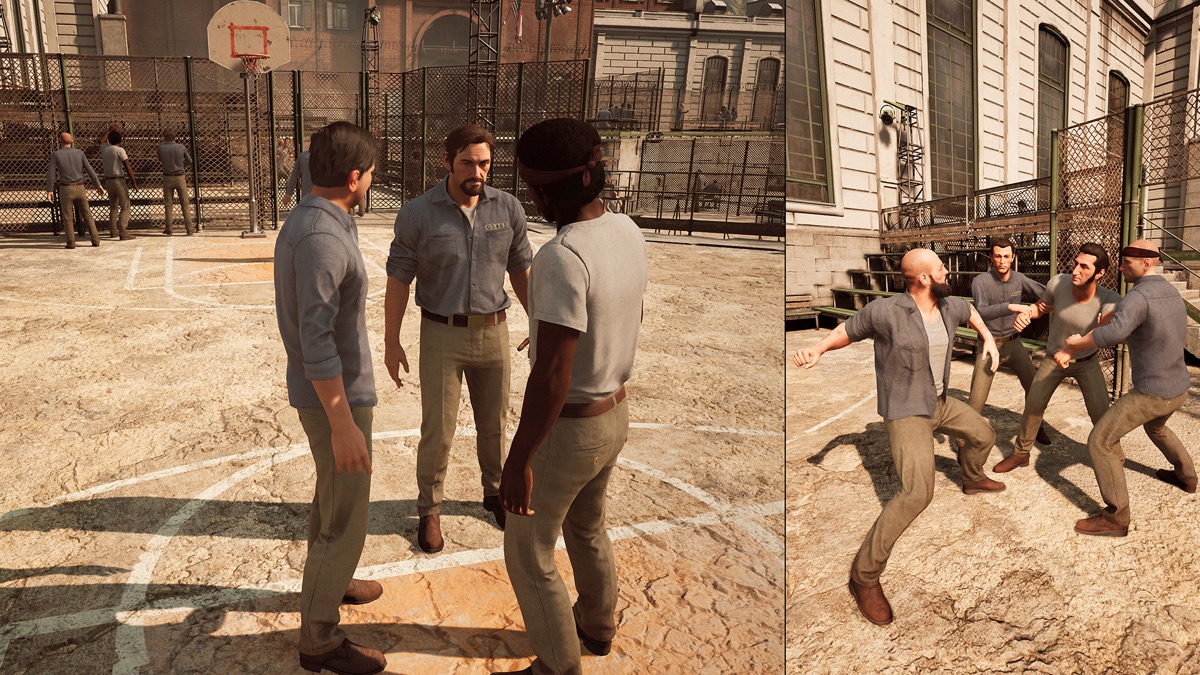 Leo and Vincent confront prisoners in a prison yard.