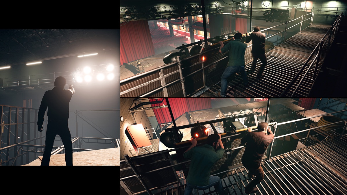 A split-screen stealth sequence inside an industrial building.