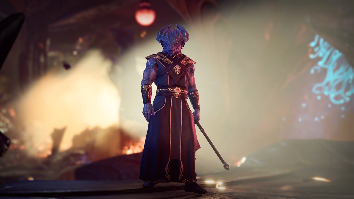 A companion stands amid magical effects during a story scene.