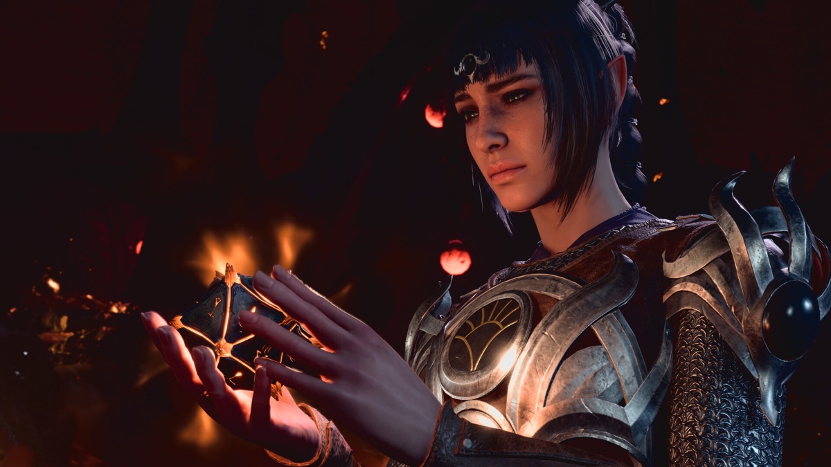 A character prepares a spell during a cinematic conversation.