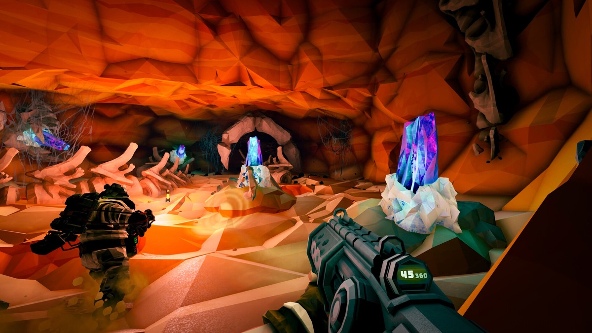 Dwarven miners explore a crystal-filled cave together.