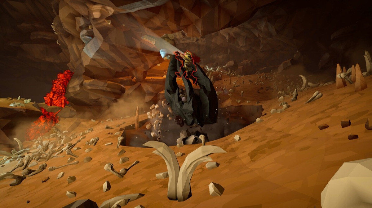 A dwarf advances through a sandy cave beside alien remains.
