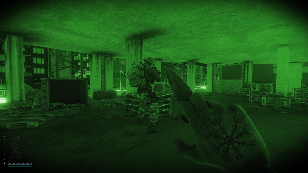 A first-person raid viewed through night-vision equipment.