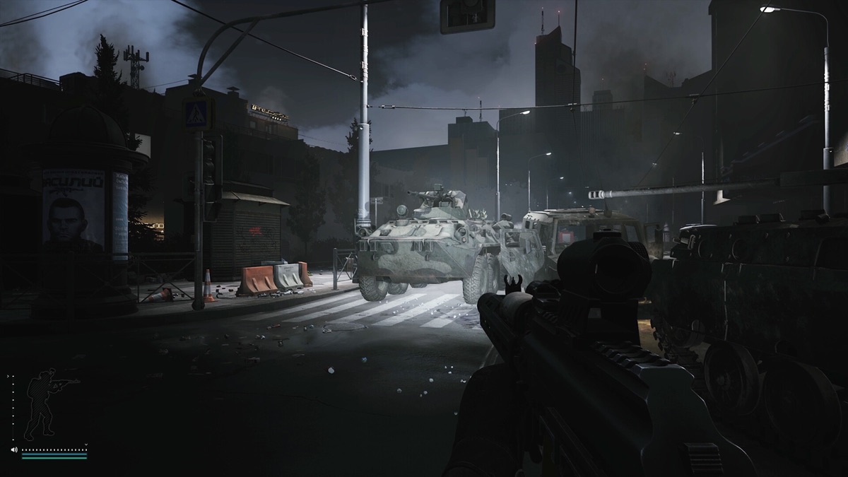 An armed operator moves through a ruined urban area.