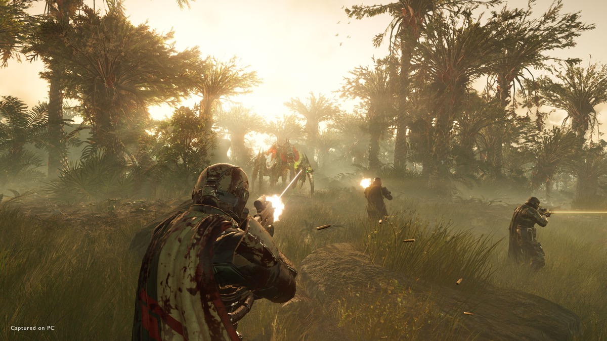 A squad fights through a battlefield under incoming fire.