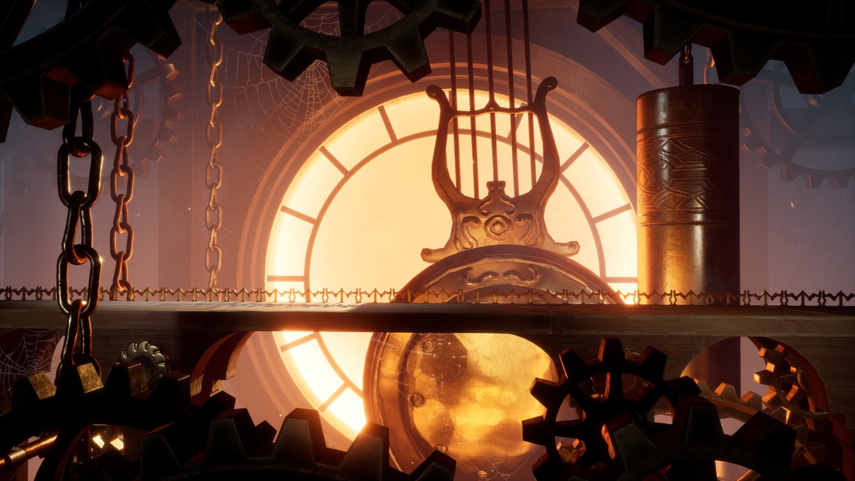 The two characters stand before a giant clock mechanism.