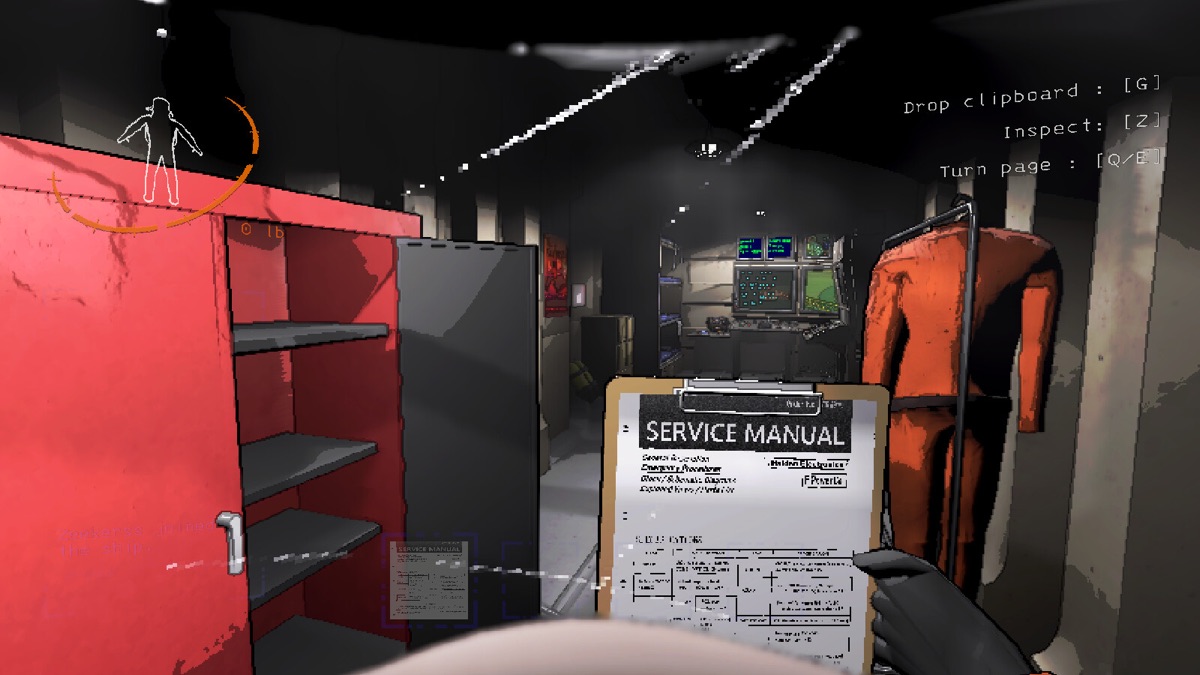 A player reviews the service manual inside the company ship.