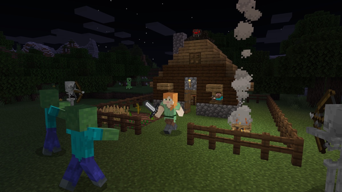 Alex defends a house from zombies, skeletons, and creepers at night.