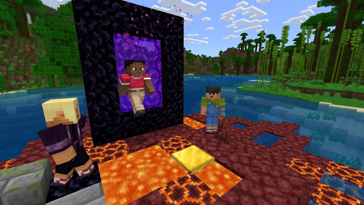 Three Minecraft characters emerge from a Nether portal together.