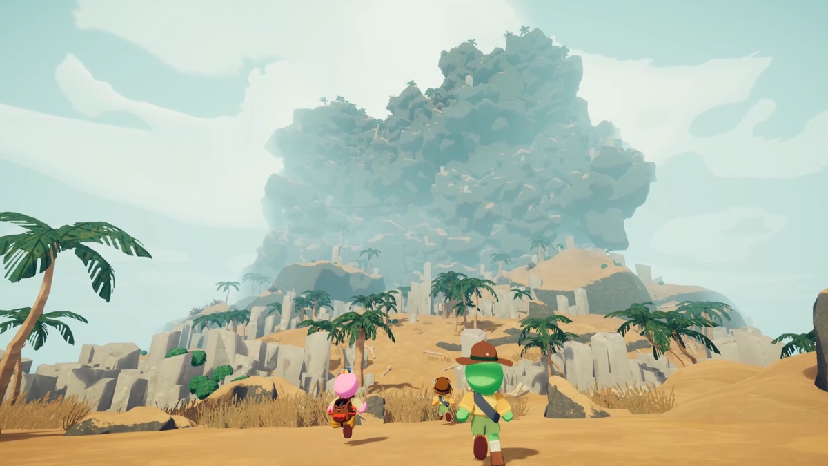 A group of climbers crosses a bright island landscape.
