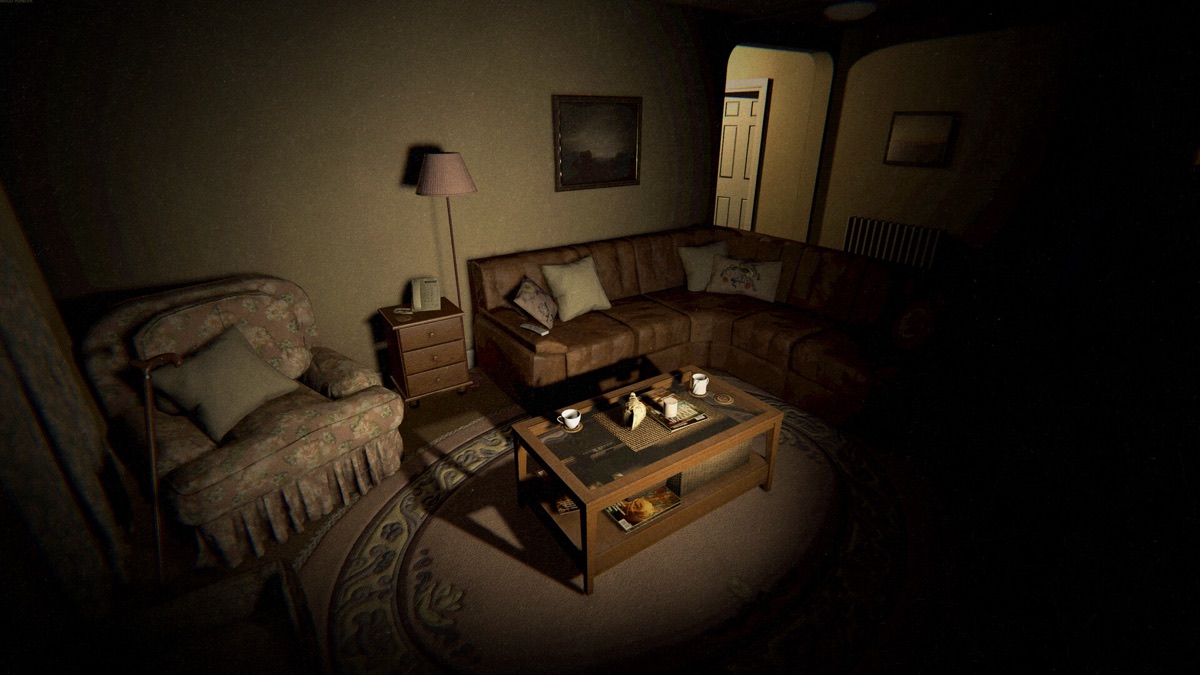 Ghost-hunting equipment is arranged in a shadowy living room.