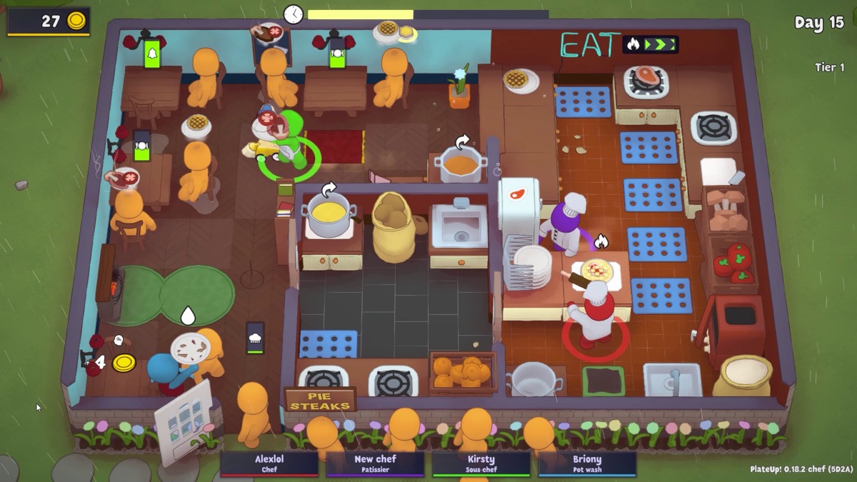 Four players coordinate service in a busy restaurant.