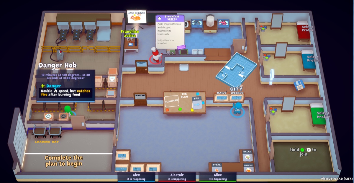 Players reorganize a restaurant kitchen and dining room.
