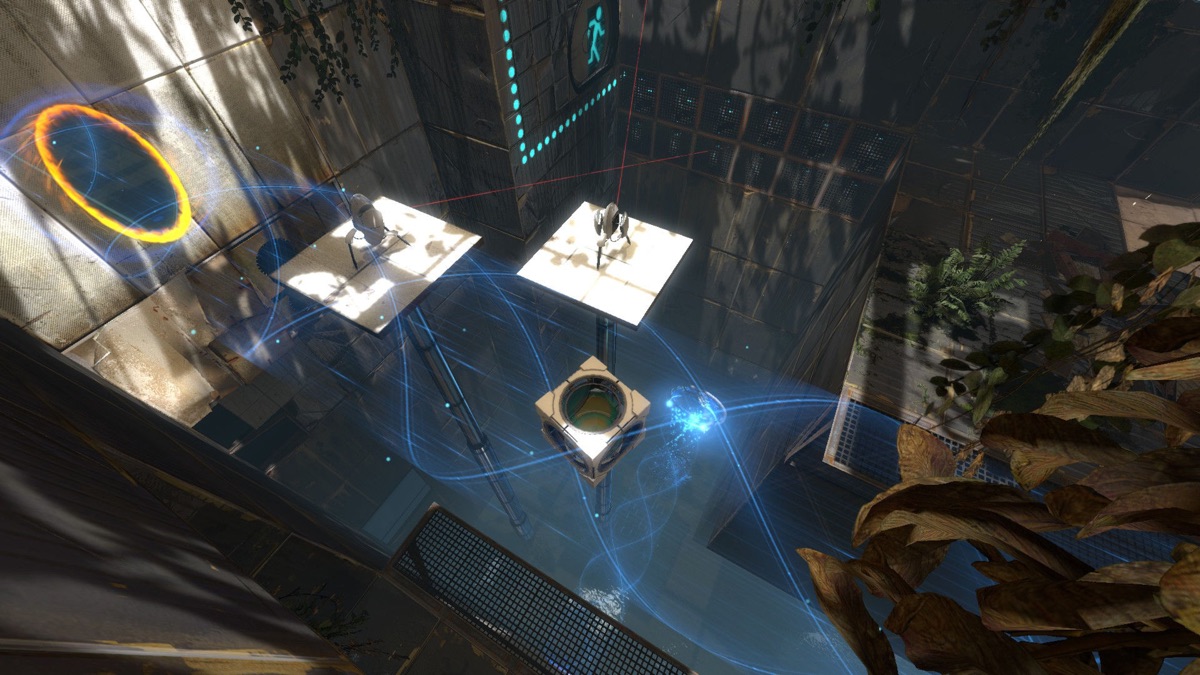 A first-person portal puzzle spans a damaged test chamber.