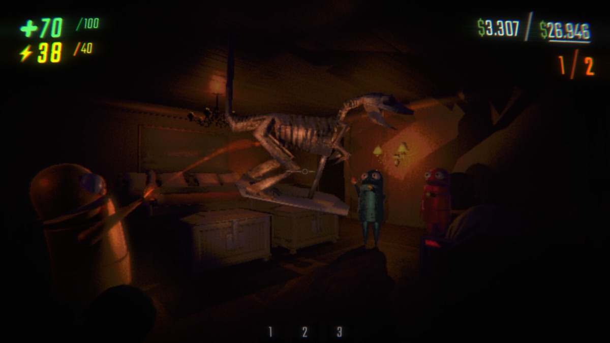 Players carry a valuable object through a dark interior.