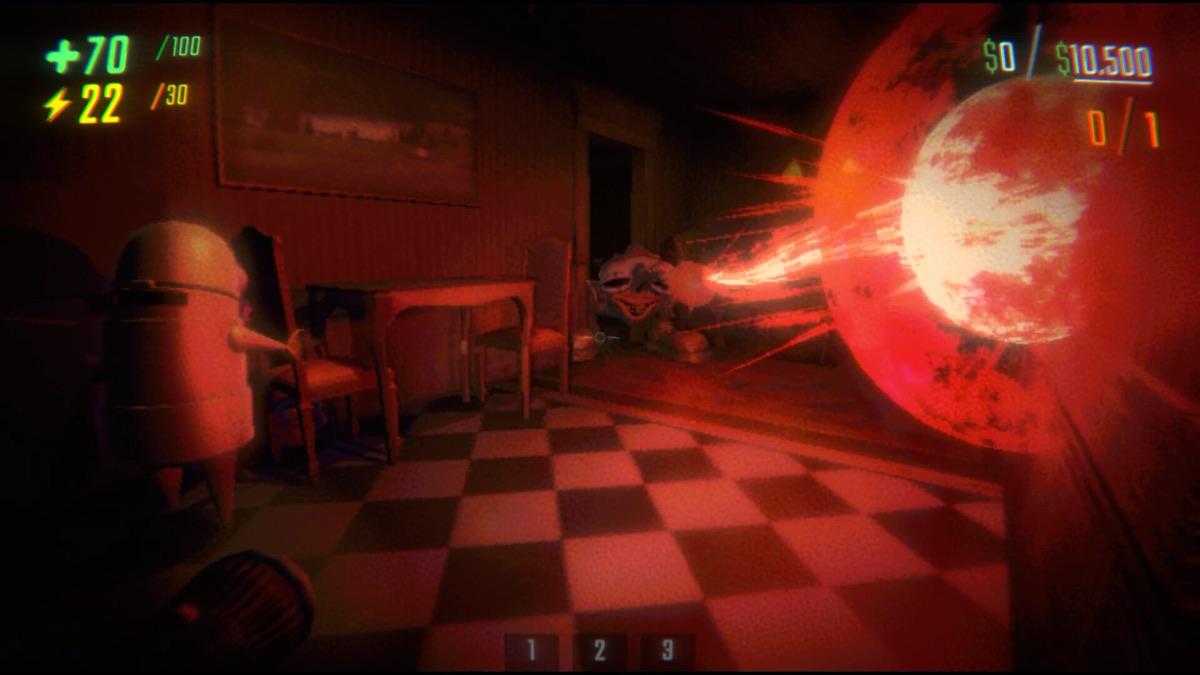 A physics-driven encounter erupts inside a tiled room.