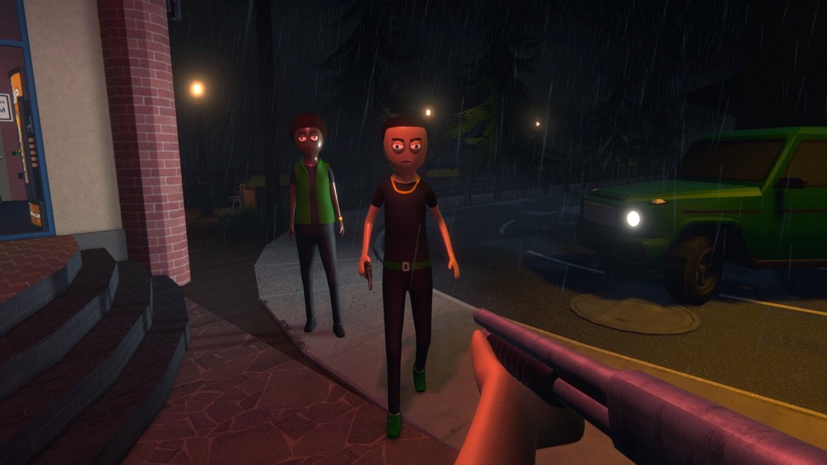 Two characters meet outside during a nighttime first-person scene.