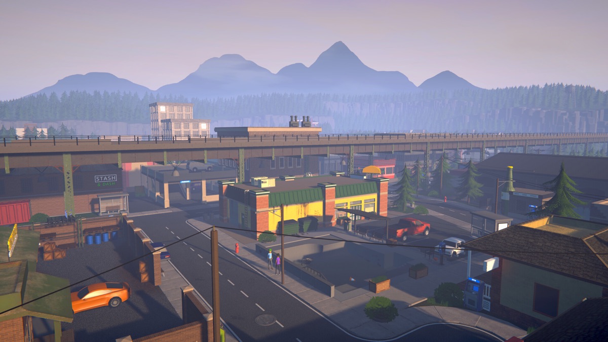 A view across the open-world town and industrial district.