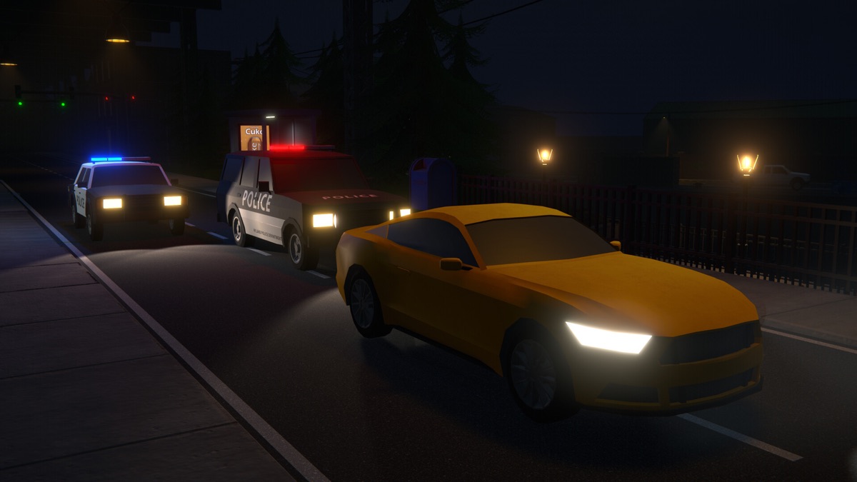 A nighttime vehicle encounter with police nearby.
