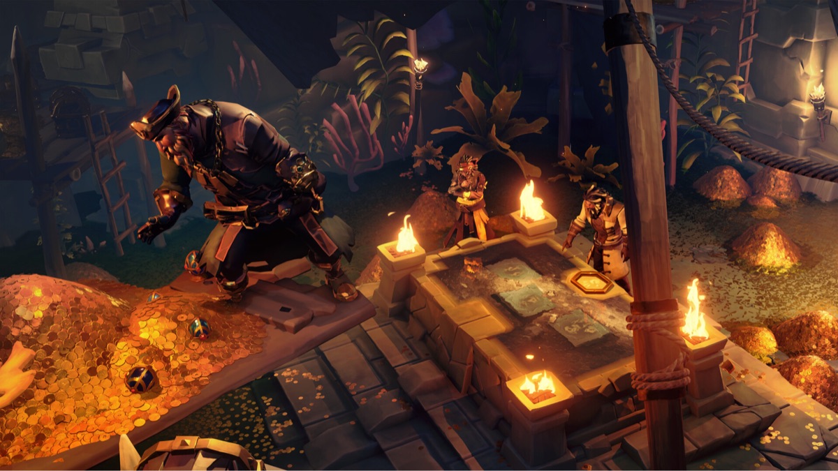 A pirate fights a large skeleton captain.