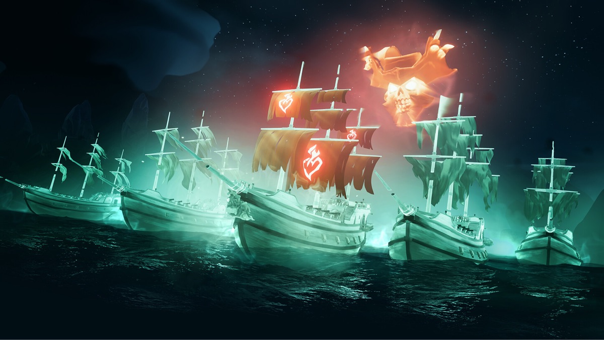 Player ships face spectral vessels during a sea battle.
