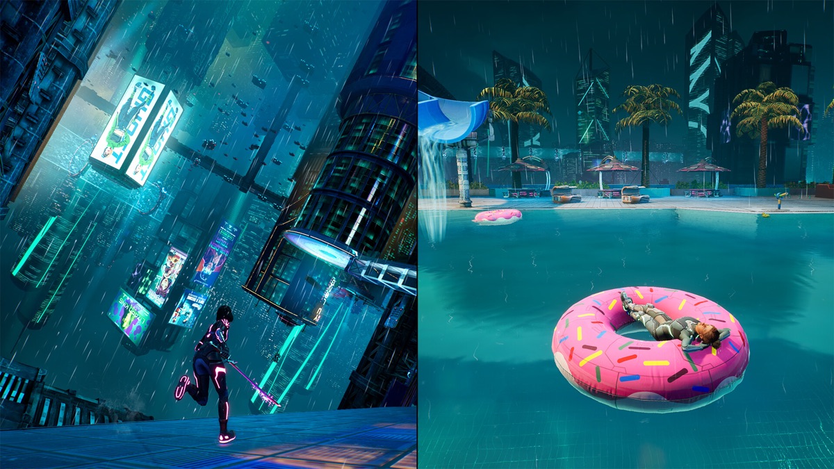 Mio and Zoe move through a tilted science-fiction environment.