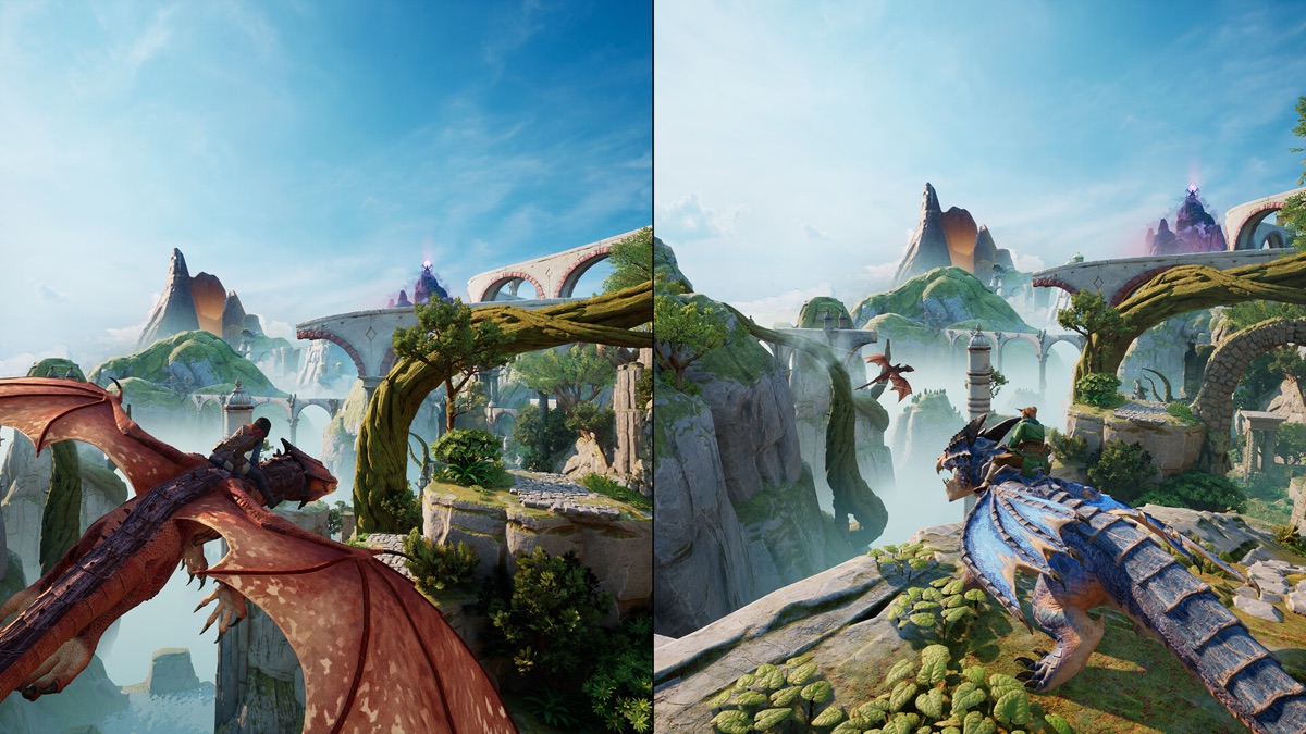 The pair fly dragons through a bright fantasy landscape.