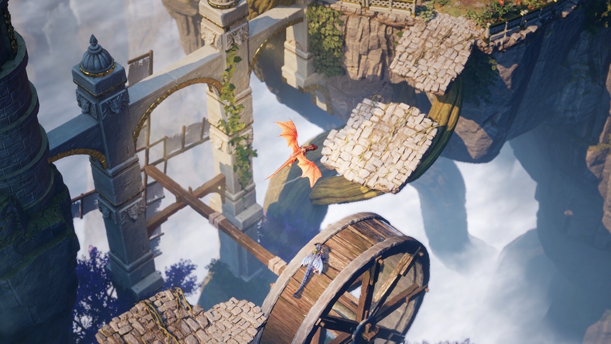 The two characters traverse a rotating fantasy structure.