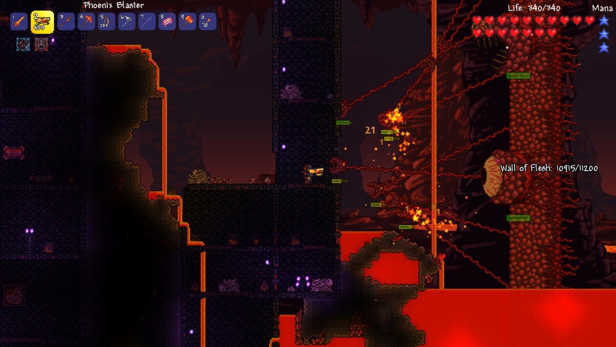 A player explores a fiery underground biome.