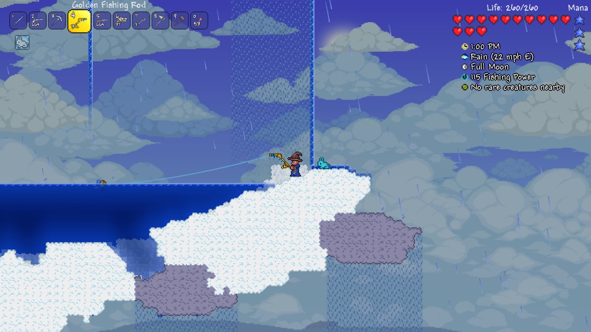 A player builds across floating islands high in the sky.
